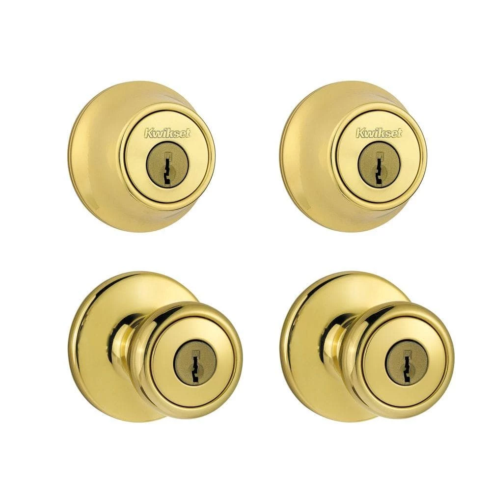 Kwikset Tylo Polished Brass Exterior Entry Door Knob and Single Cylinder Deadbolt Project Pack 1 Kwikset Tylo Polished Brass Exterior Entry Door Knob and Single Cylinder Deadbolt Project Pack