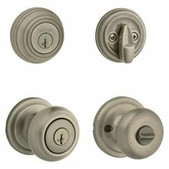Kwikset Juno Antique Brass Exterior Entry Door Knob and Single Cylinder Deadbolt Combo Pack Featuring SmartKey Security -Kwikset Sales Shop kwikset door lock combo packs 991j 5 smt cp 1f 1000