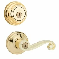 Kwikset Lido Polished Brass Exterior Entry Door Handle and Single Cylinder Deadbolt Combo Pack Featuring SmartKey Security