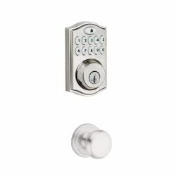 Kwikset SmartCode Satin Nickel Single Cylinder Keypad Electronic Deadbolt featuring SmartKey Security and Juno Passage Knob