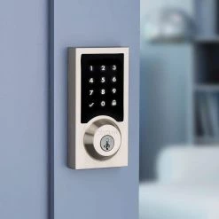 Kwikset Z-Wave SmartCode 916 Touchscreen Contemporary Single Cylinder Satin Nickel Keypad Electronic Deadbolt with SmartKey -Kwikset Sales Shop kwikset keyless deadbolts 916cnttscrzw15s fa 1000