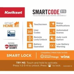 Kwikset Z-Wave SmartCode 916 Touchscreen Satin Nickel Single Cylinder Keypad Electronic Deadbolt Featuring SmartKey Security -Kwikset Sales Shop kwikset keyless deadbolts 916trl tscr zw 15 ul 40 1000