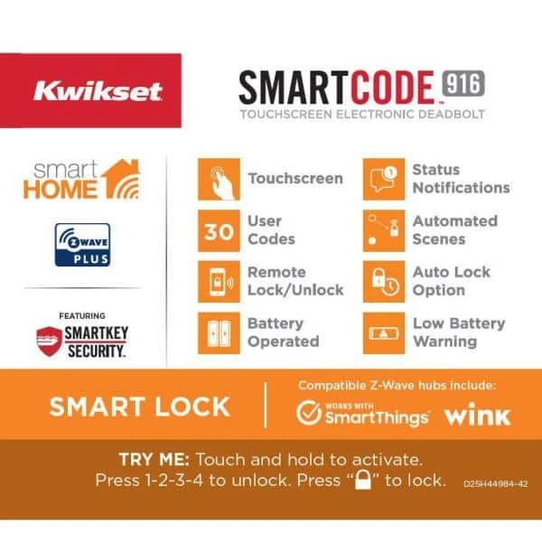 Kwikset Z-Wave SmartCode 916 Touchscreen Venetian Bronze Single Cylinder Keypad Electronic Deadbolt Featuring SmartKey Security 3 Kwikset Z-Wave SmartCode 916 Touchscreen Venetian Bronze Single Cylinder Keypad Electronic Deadbolt Featuring SmartKey Security - Image 3