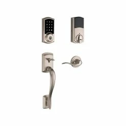 Kwikset Premis Touchscreen Smart Lock Single Cylinder Satin Nickel Keypad Electronic with Avalon Handleset and Tustin Door Lever