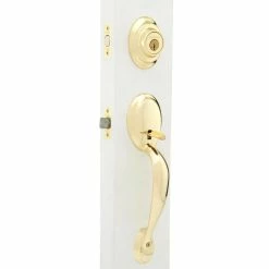 Kwikset Dakota Polished Brass Single Cylinder Door Handleset with Tylo Door Knob Featuring SmartKey Security